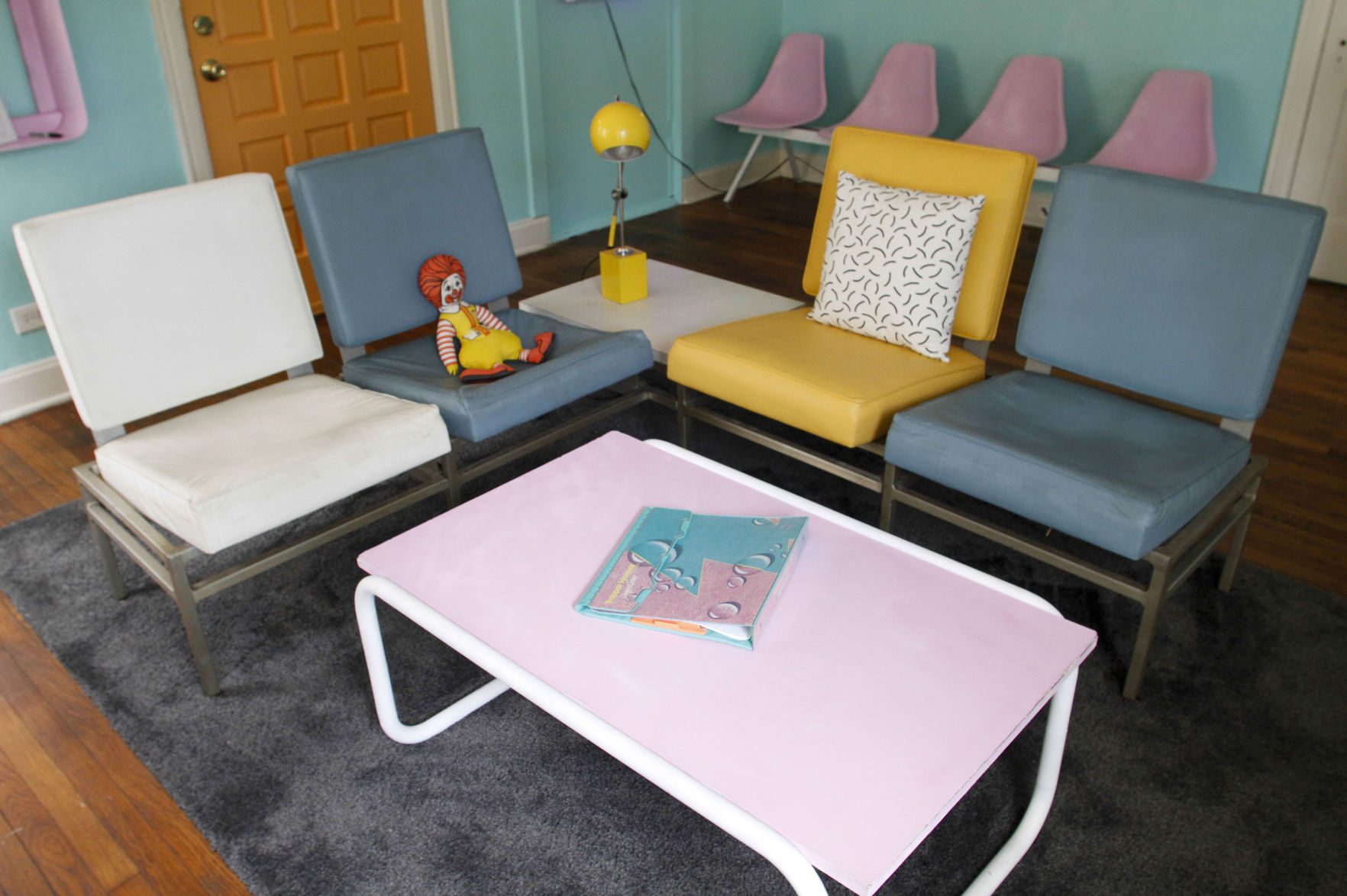 The 80's style couches in the living room